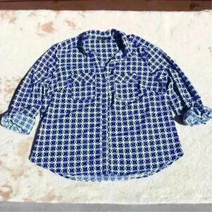 ADRIENNE VITTADINI Patterned Roll Tab Sleeve Silky Button Up Blouse Top Women XL